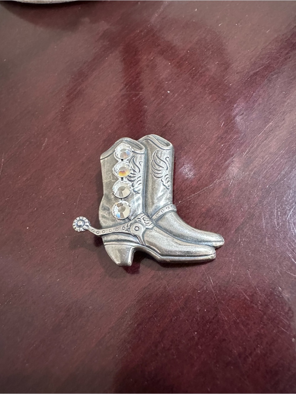 Silver Cowboy Boot Brooch \Pin with Rhinestone Accents